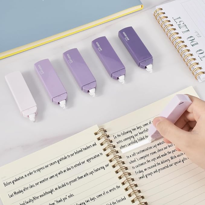 Temiary 6Pcs Mini White Correction Tapes, Quick Dry Smooth Pull Out for Writing, Aesthetic Cute Correction Tape Set Easy To Use for Students School Office Supplies (Purple)