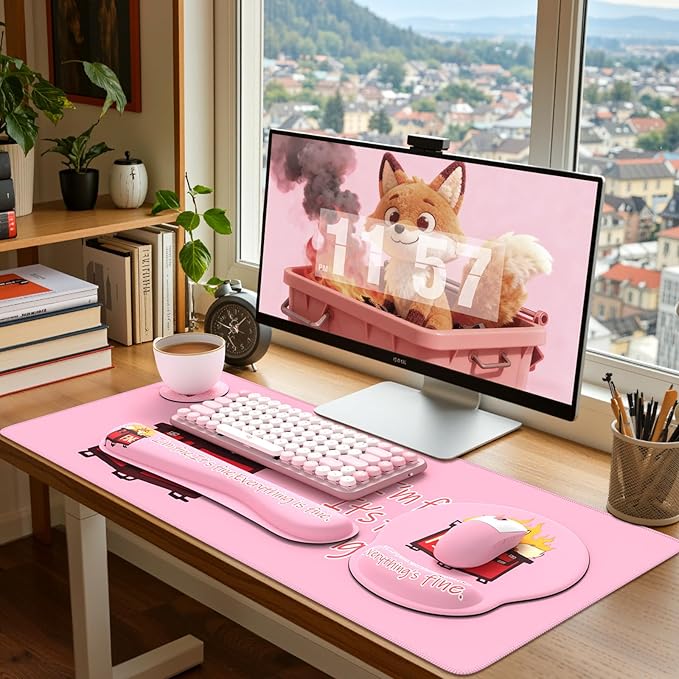 iCasso Desk Mat Set,Ergonomic Wrist Rest for Keyboard and Mouse,Funny Dumpster Fire Desk Accessories,Cute Pink Mouse Pad for Women Girl, Non-Slip Desk Protector Mat for Office Home Dorm