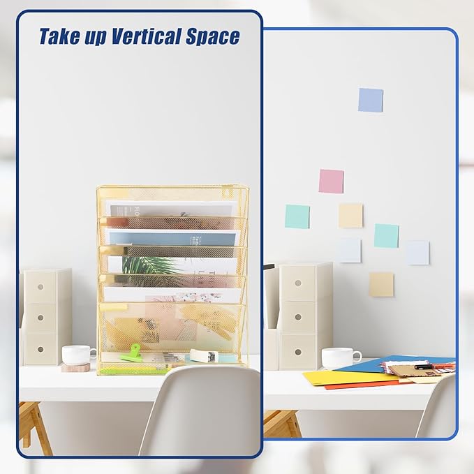 EASEPRES Desk File Organizer Mesh 6-Tier, Hanging Wall Mount Document Organization Stand, Desktop Vertical Mail Paper Folder Holder Rack with Bottom Tray for Office Home Cubicle Countertop, Gold