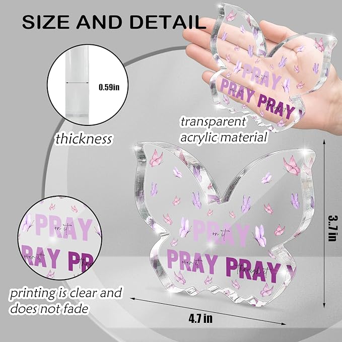 Purple Religious Plaques Christian Woman Decor Gifts, Purple Christian Gifts for Women, Modern Home Office Room Bathroom Bedroom -Pray On It Pray Over It -Bible Verse Acrylic Sign(Butterfly)
