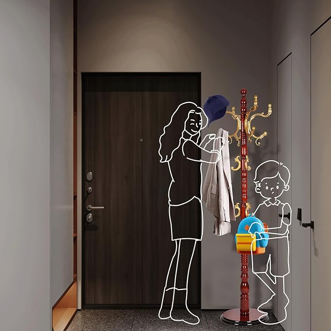 Coat Racks Free Standing with 14 Hooks, Natural Wood Coat Rack with Solid Round Base, Adjustable Height Coat Racks, Easy Assembly for Hallway, Bedroom and Office (Begonia color)