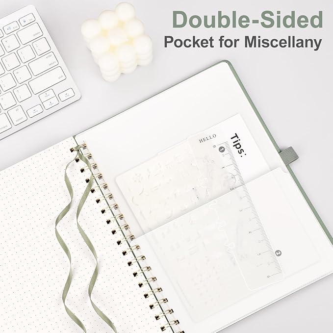 AHGXG Bullet Dotted Journal Spiral Notebook, Large B5 Dotted Notebook 140 Pages, Leather Hardcover, 100 GSM Thick Dot Grid Paper, Inner Pocket, for Bullet Journaling, 7.6" x 10", Sage Green