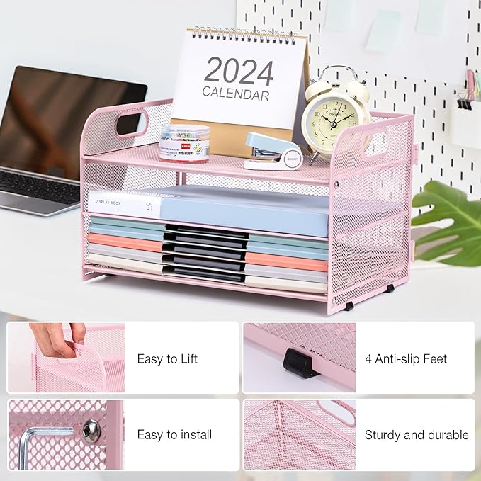 3-Tier Letter Tray Paper Organizer with Handle,Compact Mesh Desk File Organizer for Home Office Supplies Desktop Accessories,Pink