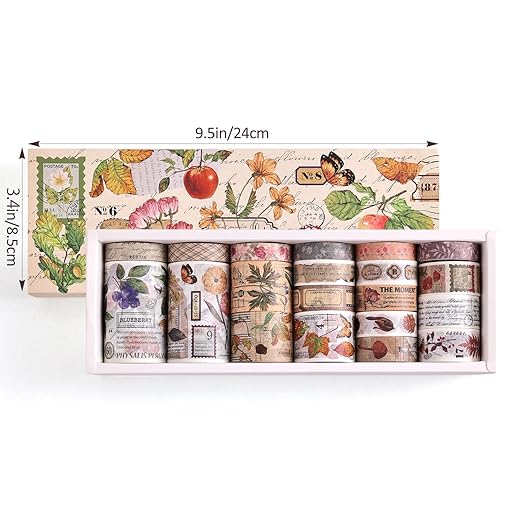 20 Rolls Vintage Washi Tape Set, Floral Letter Butterfly Mushroom Botanical Flower Writable Decorative Tapes for Scrapbooking , Junk Journal Supplies, Bullet Journaling 10-60mm Wide 6.56ft long/Roll