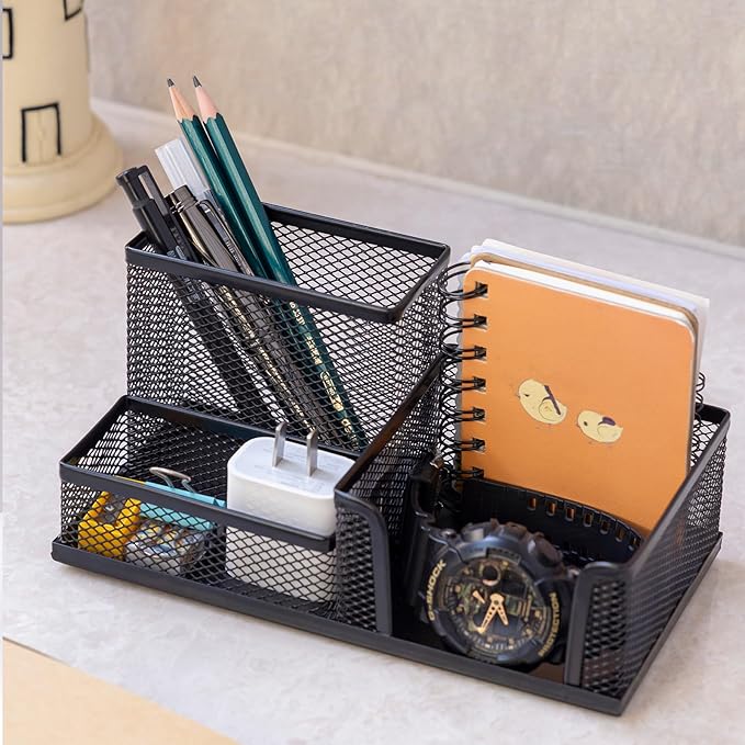 Pen Holder Mesh Metal Pencil Holder Desk Organizers Black for Desk Office with 3 Compartments Pencil Holders,Desktop Storage Caddy Organization,Suitable for School, Home,Black