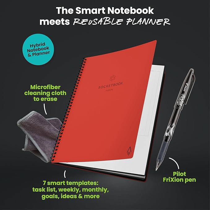 Rocketbook Fusion Reusable Undated Productivity Planner, Letter Size 8.5x11, Red - Goals, Monthly and Weekly Calendar, Daily To-do List, Lined and Dotted Notes Pages