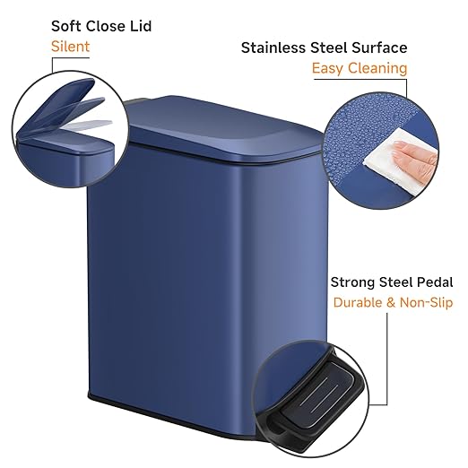 TIPGO Slim Bathroom Trash Can with Lid Soft Close, Step Pedal, 6 Liter / 1.6 Gallon Stainless Steel Trash Bin, Small Garbage Can for Bedroom, Office, Kitchen (Navy Blue)