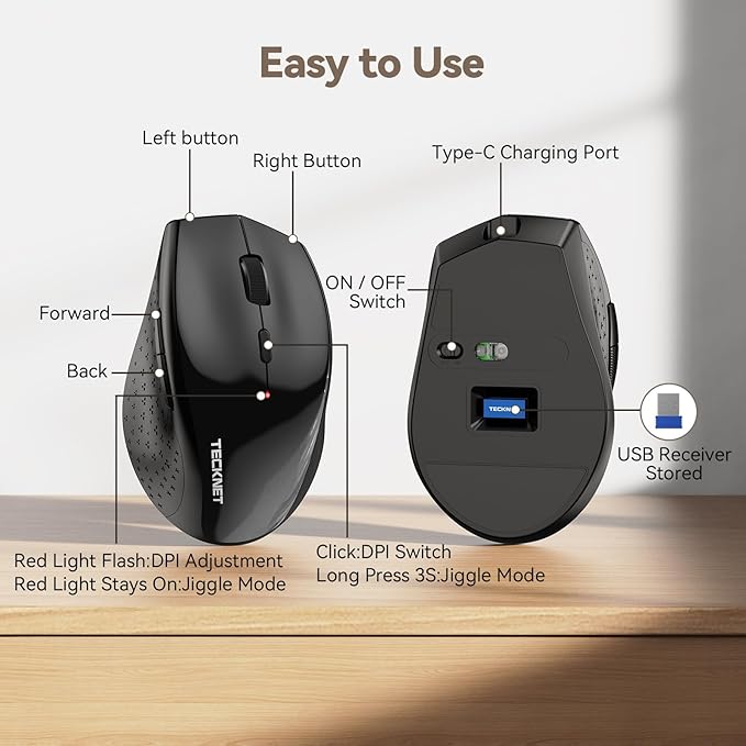 TECKNET Wireless Mouse Jiggler, USB-C Rechargeable Mouse, Silent Mouse Quiet Click, Build-in Mouse Mover, 6400 DPI Ergonomic Mouse, 2.4G Cordless Computer Mice for Mac, Laptop, Desktop, PC