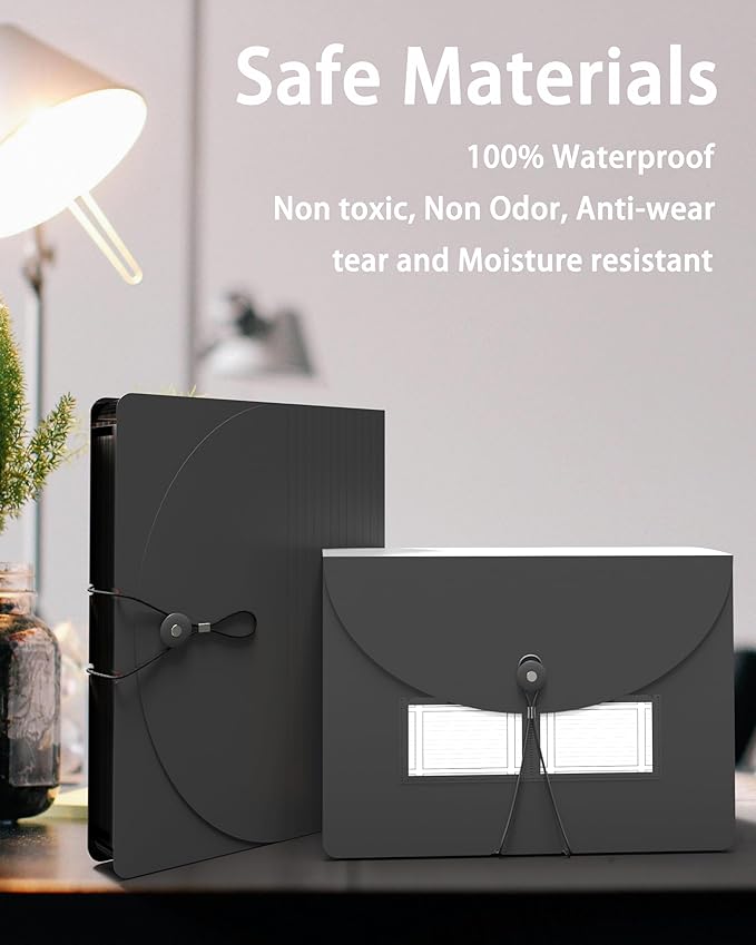 4 Pack Expanding File Folder, 24 Pocket Accordian File Organizer A4 Letter Size Portable Document Organizer with Colored Tabs, Expandable Desktop Accordion Folder -Black