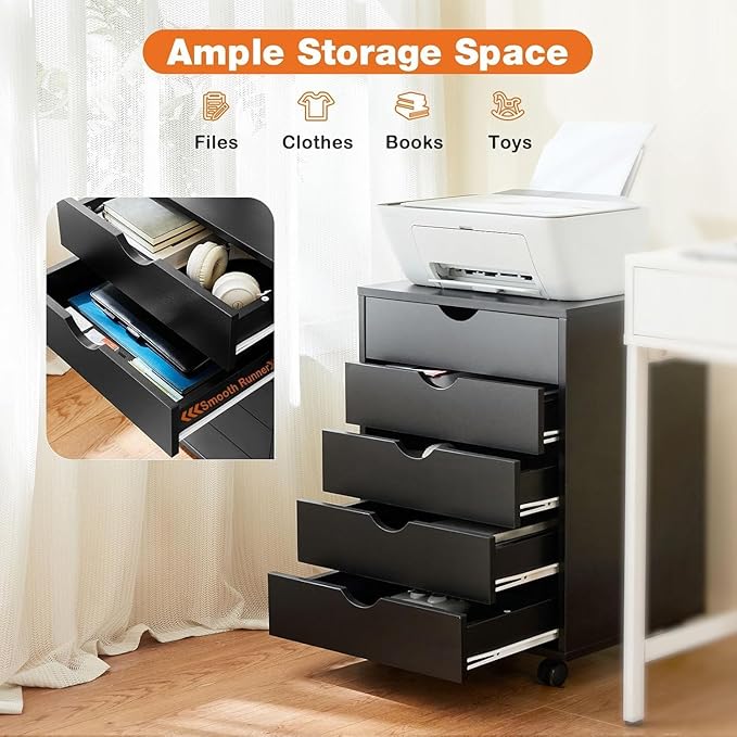 5 Drawer Chest, Dressers Storage Cabinets Wooden Dresser Mobile Cabinet with Wheels Room Organizer, Small Drawers Wood Organization Furniture for Office, Home