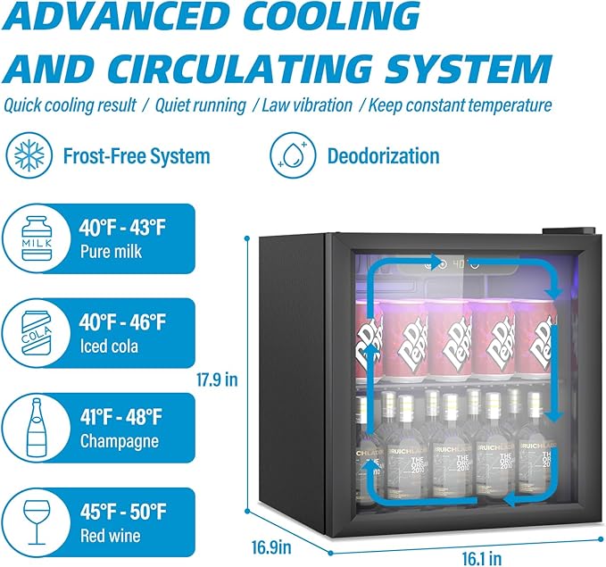 Compact Beverage Refrigerator,60 Can/1.3 Cubic Feet Mini Fridge with Glass Door for Soda, Beer, or Wine, Under Counter Small Refrigerator with Adjustable Shelves and Digital Display