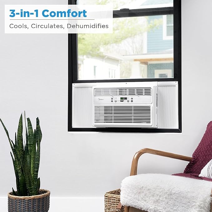 Midea MAW08R1BWT EasyCool 8,000 BTU Window Air Conditioner, Fan-Cools, Circulates and Dehumidifies up to 350 Sq Ft, Reusable Filter, LCD Remote Control, White