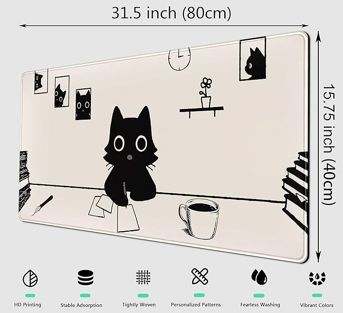 Aesthetic Beige White Anime Desk Mat Mouse Pad Cute Kawaii Minimalist Black Cartoon Cat XXL Large Extended Gaming Mousepad Desk Pad, PC Laptop Keyboard and Mouse Mat for Women Desk 31.5x15.75 in