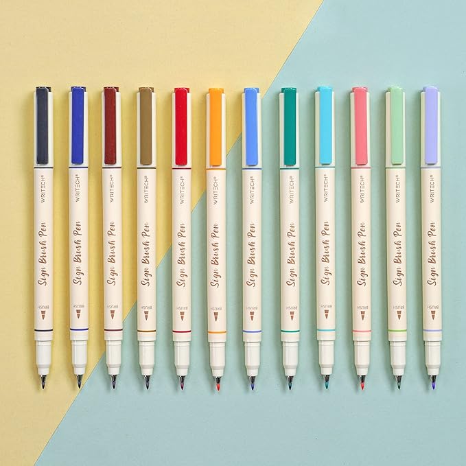 WRITECH Arts Sign Brush Pen Brush Tip Marker Felt Tip Water Based Ink Color Pens 12 Assorted Pastel Colors Great for Lettering, Journaling, Calligraphy (Natural)