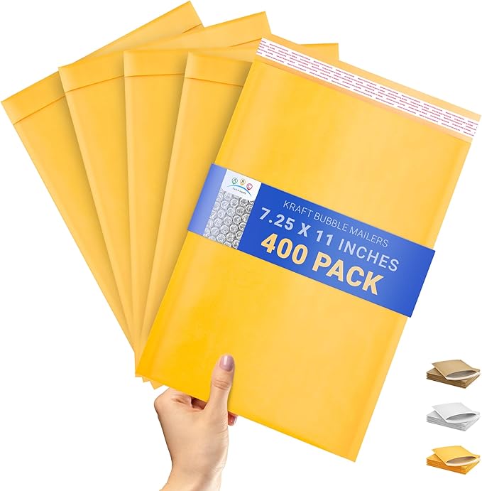 ABC PACK & SUPPLY Gold Kraft Bubble Mailer Envelopes, 7.25 x 11 Inches. 400 Pack Mail Padded Envelopes Self Seal. Kraft Bubble Mailers. Tear-Resistant Mailing Envelope Padded. Sturdy Paper Mailer