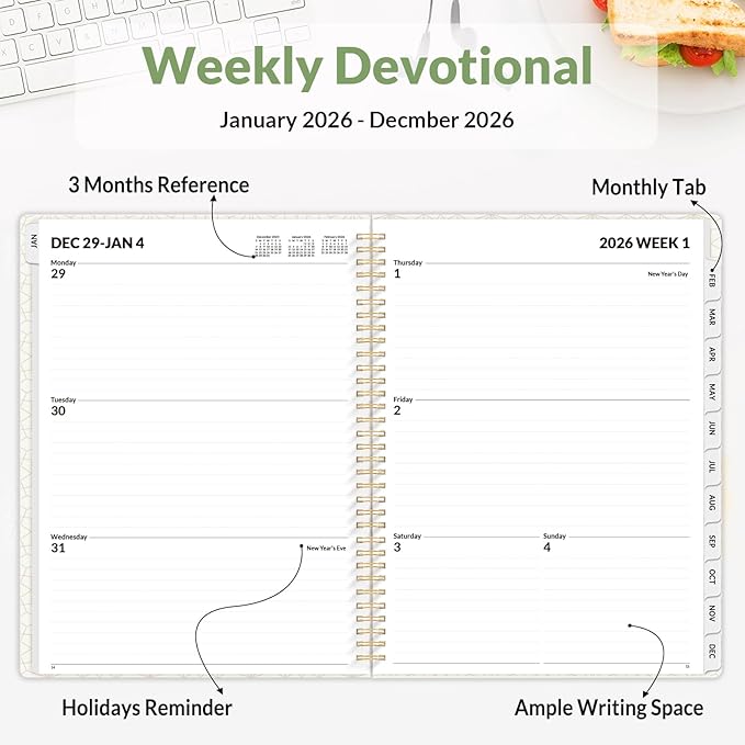 SUNEE Planner 2026 Weekly and Monthly, January 2026-December 2026, 8.5"x11", Tabs, Note Pages,Spiral Binding, Sage Green