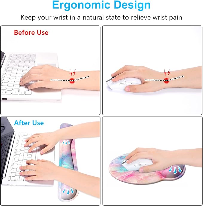 Dapesuom Keyboard Wrist Rest and Mouse Pad with Wrist Support, Cute Memory Foam Cushion for Keyboard and Mouse Set, Desktop Pad Rests with Non Slip Base for Easy Typing & Pain Relief, Colorful Marble