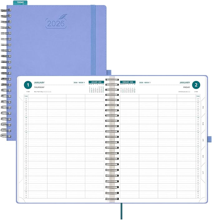 BEZEND Appointment Book 2026 Daily Planner, Quarter-Hourly in 4 Columns (Large-8.25" x 11.75") Page per Day Even Weekend, Monthly View with Tab & Weekly Schedule, PU Leather Softcover in Cornflower