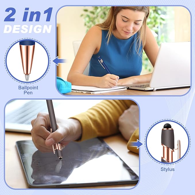 Tenare 12 Pieces 2 in 1 Stylus Metal Ballpoint Pen with Stylus Tip, 1.0 mm Black Ink Ballpoint Pen for Touch Screens(Dark Colors and Rose Gold)