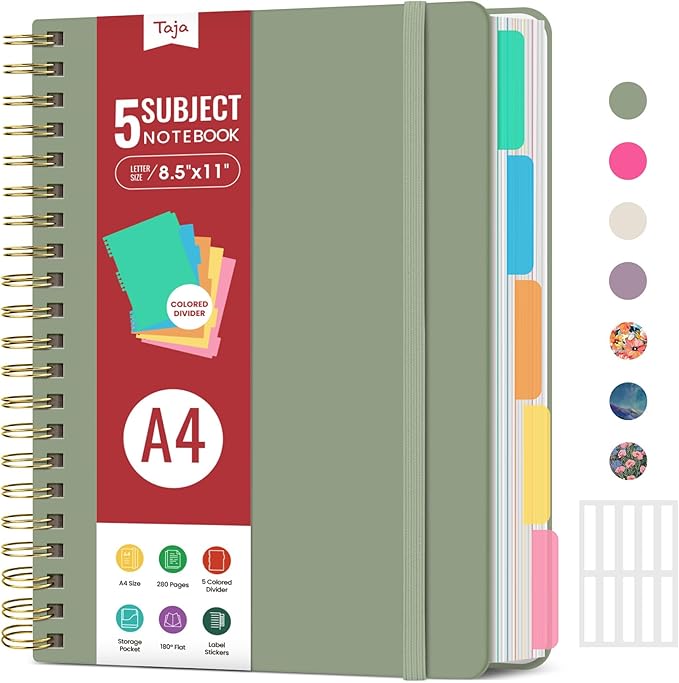 Hardcover Spiral Journal Notebooks for Work With Removable Dividers & Tabs, 8.5"x11" 5 Subject Notebook for Note Taking & Organizer, A4 College Ruled Lined Journal for Women & Writing, Green, 280 Pages