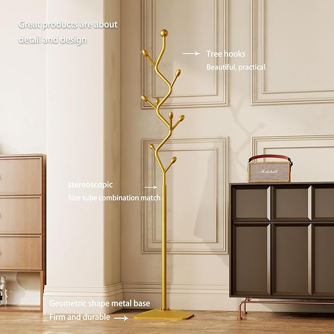 Tree-shaped coat rack stand,Metal coat tree with 8 Hooks and sturdy cast iron base,Heavy Duty coat rack freestanding coat hanger stand for Clothes Hats Scarfs Purses (gold)