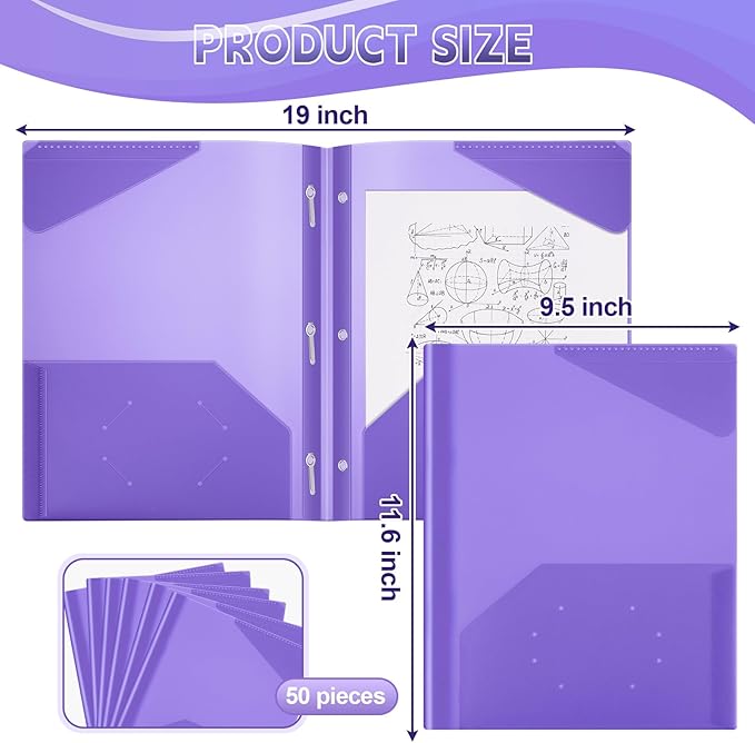Yeaqee 50 Pack Clear 2 Pocket Folders with Prongs, Plastic Folders with Pockets and Prongs Fit Letter Size, File Folder for School Business Office Home(Purple)