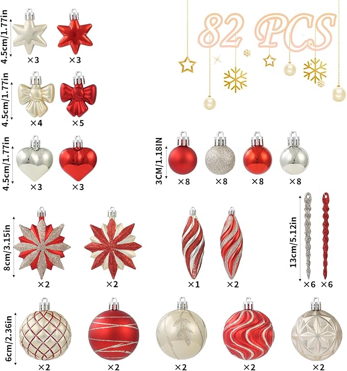 82Pcs Gold and Red Christmas Ornaments Set, Shatterproof Medium Christmas Ball Ornaments, Christmas Decorations Hanging Ornaments for Xmas Trees, Holiday, Party Decor (Gold & Red)