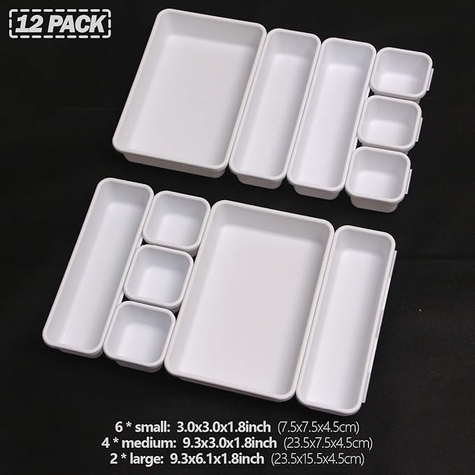 Set of 12 Interlocking Desk Drawer Organizer Tray Dividers Plastic Shallow Narrow Drawers Organizers Separators Storage Bins Container for Kitchen Bathroom Makeup Office Vanity Bedroom Dresser White
