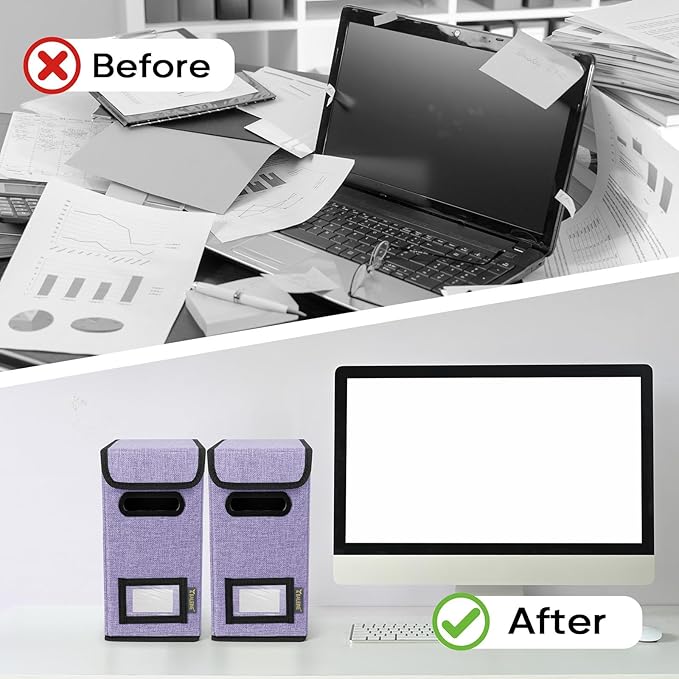 BALEINE File Organizer Box with Lid, Collapsible File Folder Organizer with Plastic Slide, Hanging File Folder Box for Office Document Storage (2 Pack, Purple, S)