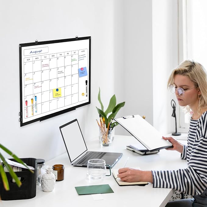 Monthly Calendar Dry Erase Whiteboard, 36" x 24" Magnetic Calendar White Board, Double-Sided Portable Board with Black Aluminium Frame for Office, Kitchen, School, Home