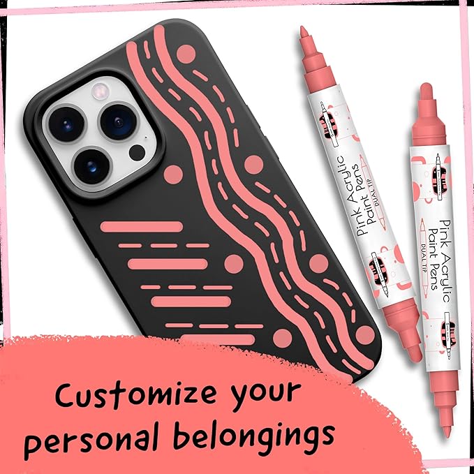 4 Dual Tip Pink Paint Pen Metallic - Fine Tip & Medium Acrylic Paint Markers - Pink Marker for Metal, Wood, Rock Painting, Canvas, Ceramic, Glass, Fabric, Leaf and Plastic - Water-based Ink