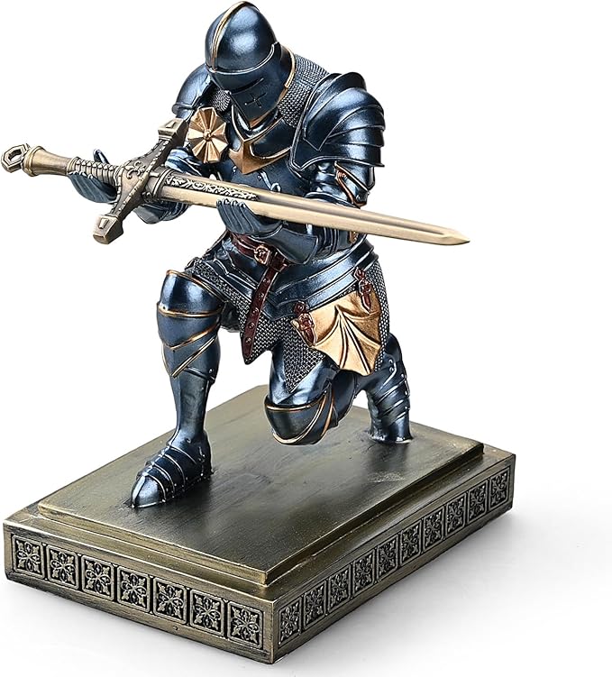 Medieval Armored Warrior Knight Pen Holder Desk Organizers and Accessories Resin Pencil Holder Paperweight as Gift with a Cool Letter Opener for Desk (Blue)