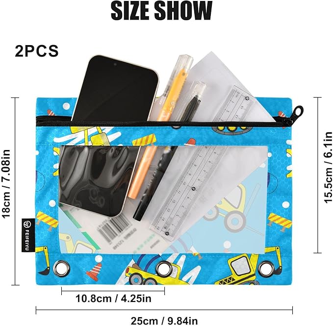 ZAZYXTJ Personalized Truck Car Binder Pencil Pouchs 3 Ring with Zipper Clear Window Office Organizers bag for School Students Teacher Supplies 2 Pack