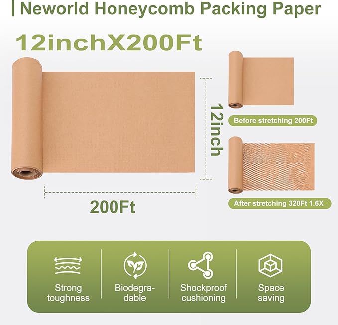 Neworld Honeycomb Packing Paper,12" x 200' Eco Friendly Packing Paper Alternative to Bubble Cushioning Wrap for Moving Shipping Packing, Recyclable Moving Supplies Bubble Packing Wrap Protective Roll