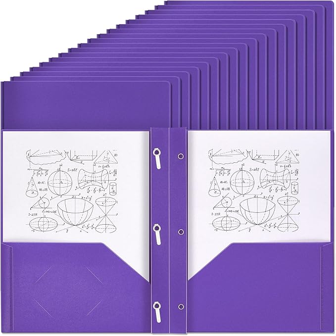Yeaqee 60 Pcs Plastic Folders with Pockets and Prong Plastic Folders with 2 Pockets Pocket for Office, School for Students, Teachers, Office Workers (Purple)