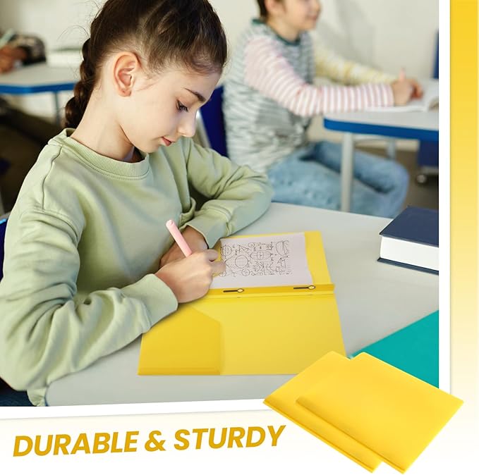 Yeaqee 30 Pcs Plastic Folders with Pockets and Prong Plastic Folders with 2 Pockets Pocket for Office, School for Students, Teachers, Office Workers (Yellow)