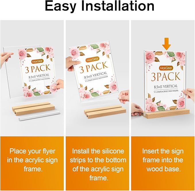 MaxGear L/T Shape Acrylic Sign Holder, 8.5 X 11 Clear Table Display Stand with Wooden Base, Flyer Menu Holder Photo Frames Paper Stand for Office, Wedding, Restaurants, Hotels 3 Pack