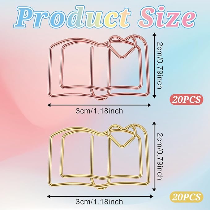 Giantree 40 Book-Shaped Paper Clips, Rose Gold and Gold Cute Papers Clip, Heart-Shaped Fun Paper Clips Metal Bookmarks, Memo Clip Set for Fun Office Supplies School Gifts Wedding Decorations
