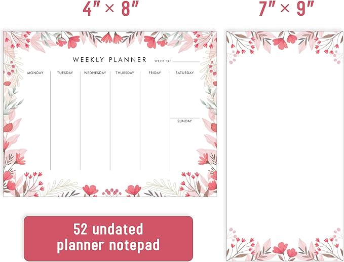 Weekly Planner Notepad Tear Off Set of 2 Weekly Calendar Pad 52 Undated To Do List Notepad Desk Planning Pads Productivity Tracker for Work School Home Goals Notes Schedule Ideas, Floral Pink