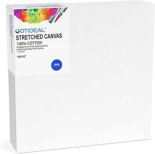 GOTIDEAL Stretched Canvases for Painting, 16x16 Inch Set of 7, Primed White - 100% Cotton Blank Art Square Canvas Boards for Painting for Acrylic Pouring, Oil Paint Dry & Wet Art Media