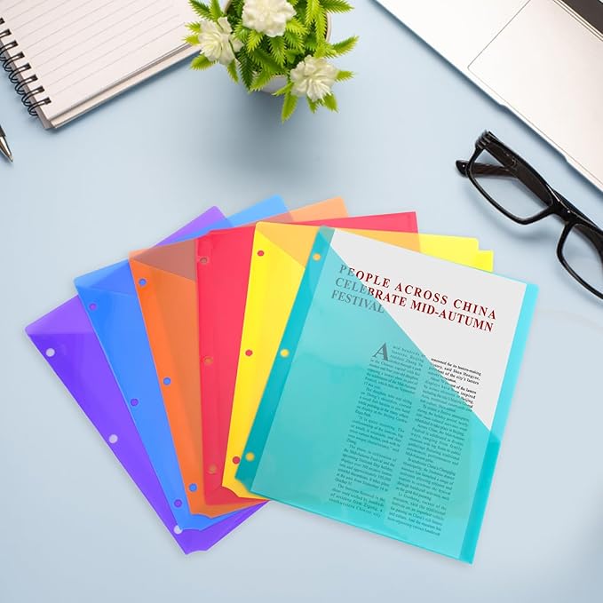 60 Pack Binder Pockets 3 Hole Punch Clear Document Folders 11.18 x 9.17 Inch Binder Organizer with Pockets Slash File Jacket Plastic Document Divider for Office Supplies (Multicolor)