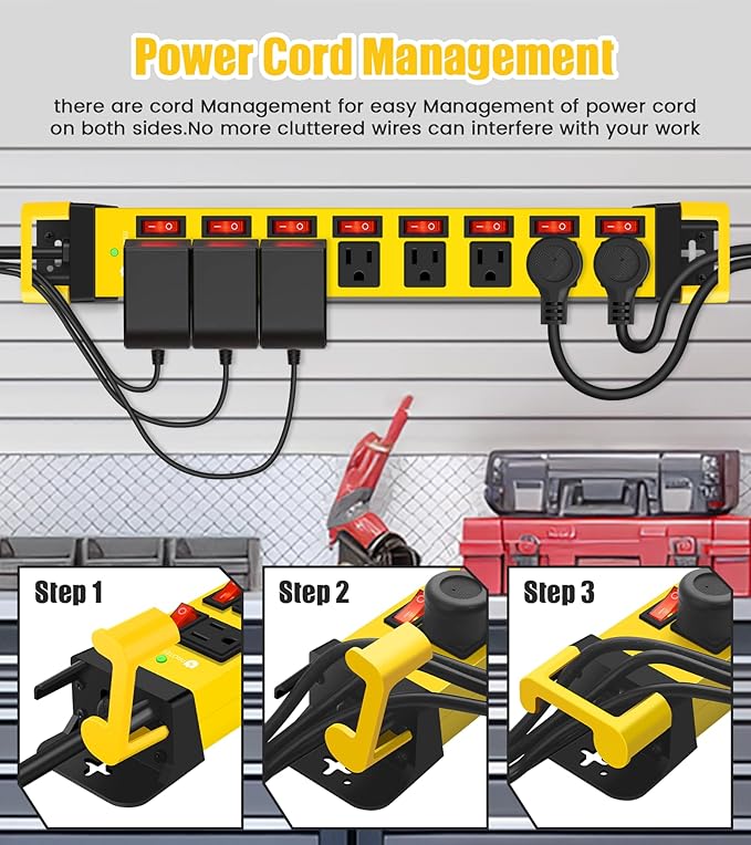 Heavy Duty Power Strip with Individual Switches,8 Outlets 14 Gauge Industrial Shop Garage Metal Multiple Outlets,1200J Surge Protector Mountable Power Strip (Yellow, 25 FT)