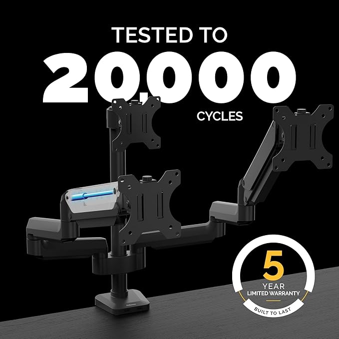 Fellowes Platinum Series Triple Monitor Arm for 27-Inch Monitors, Full Motion, 360° Rotation, VESA Mount with Grommet or Clamp, USB Ports, Ergonomic, Black, 8042601