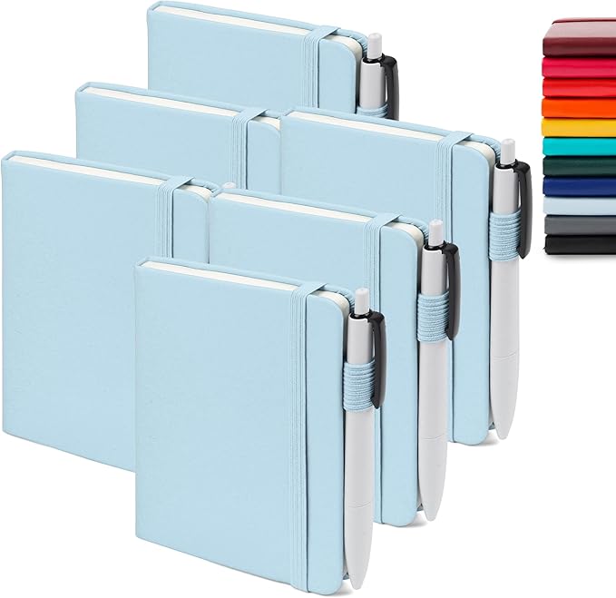 feela 6 Pack Pocket Small Notebooks Bulk, Mini Cute Memo Notepads Hardcover College Ruled Lined Journals with Pen Holder for Women Girls Office School, with 6 Black Pens, 3.5”x 5.5”, A6, Light Blue