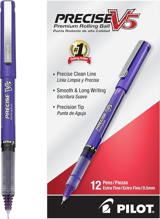 Pilot Precise V5 Rollerball Pens, Extra Fine Point 0.5 mm Purple Pen, Purple, Pack of 12
