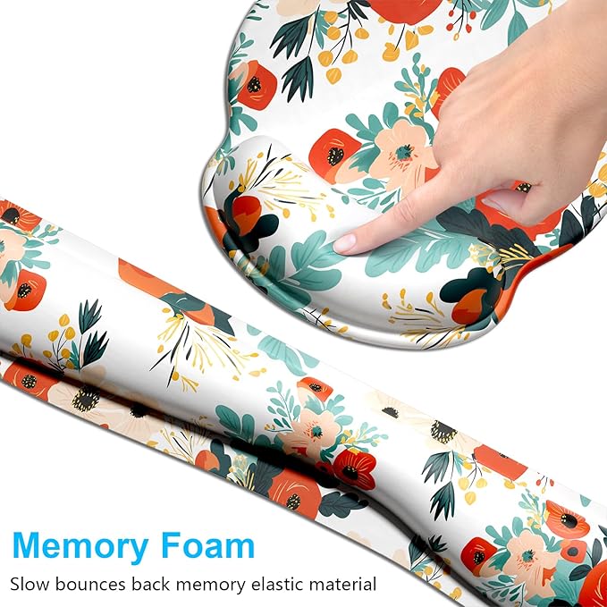 Dapesuom Keyboard Wrist Rest and Mouse Pad with Wrist Support, Cute Memory Foam Cushion for Keyboard and Mouse Set, Ergonomic Pad Rests with Non Slip Base for Easy Typing & Pain Relief, Pink Flowers