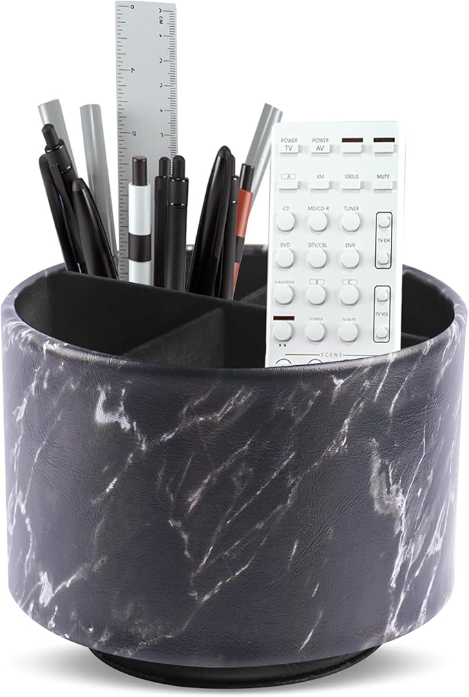 Round Leather Art Supply Organizer,Remote Control Holder,360-degree Rotating Pen Organizer with 4 Compartments(1-Marble Black Silver)