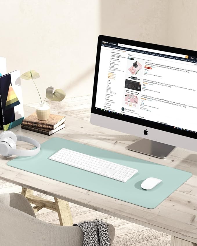 YSAGi Non-Slip Leather Desk Pad, Waterproof Laptop Computer Desk Keyboard Mat, Table Protector Blotter Mat, Large Mouse Pad for Office/Work/Home/Decor(Mint Green, 31.5" x 15.7")