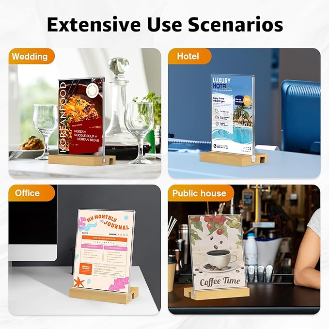 MaxGear L/T Shape Acrylic Sign Holder, 5 X 7 Clear Table Display Stand with Wooden Base, Flyer Menu Holder Photo Frames Paper Stand for Office, Wedding, Restaurants, Hotels 6 Pack