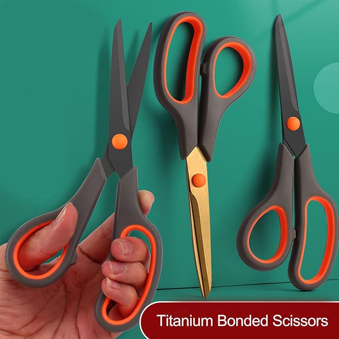 Scissors, Rkqoa 8" All Purpose Titanium Scissor Set of 6 Pack - 2.5mm Thick Sharp Scissors Bulk for Office School Sewing Craft Supplies, Classroom Must have, Teacher/Class Shears, Right/Left Handles